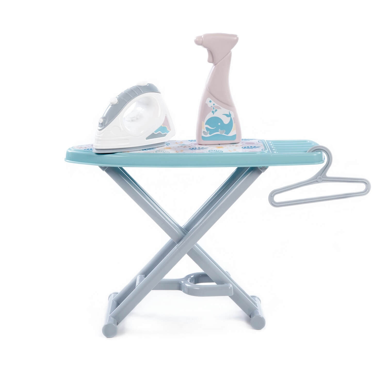 Гладильная доска для малышей (пластмассовая) с простым утюжком и бутылочкой (серая)