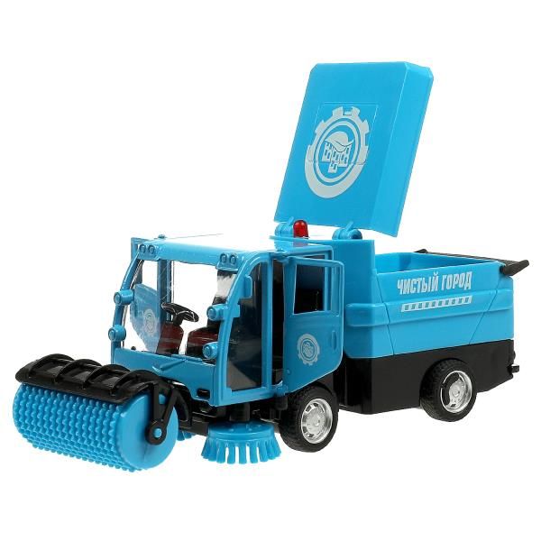 Игрушечная мусороуборочная коммунальная машинка со щетками инерция, метр. кабина, откр. дверей и кузова, без звука - 15 см голубая