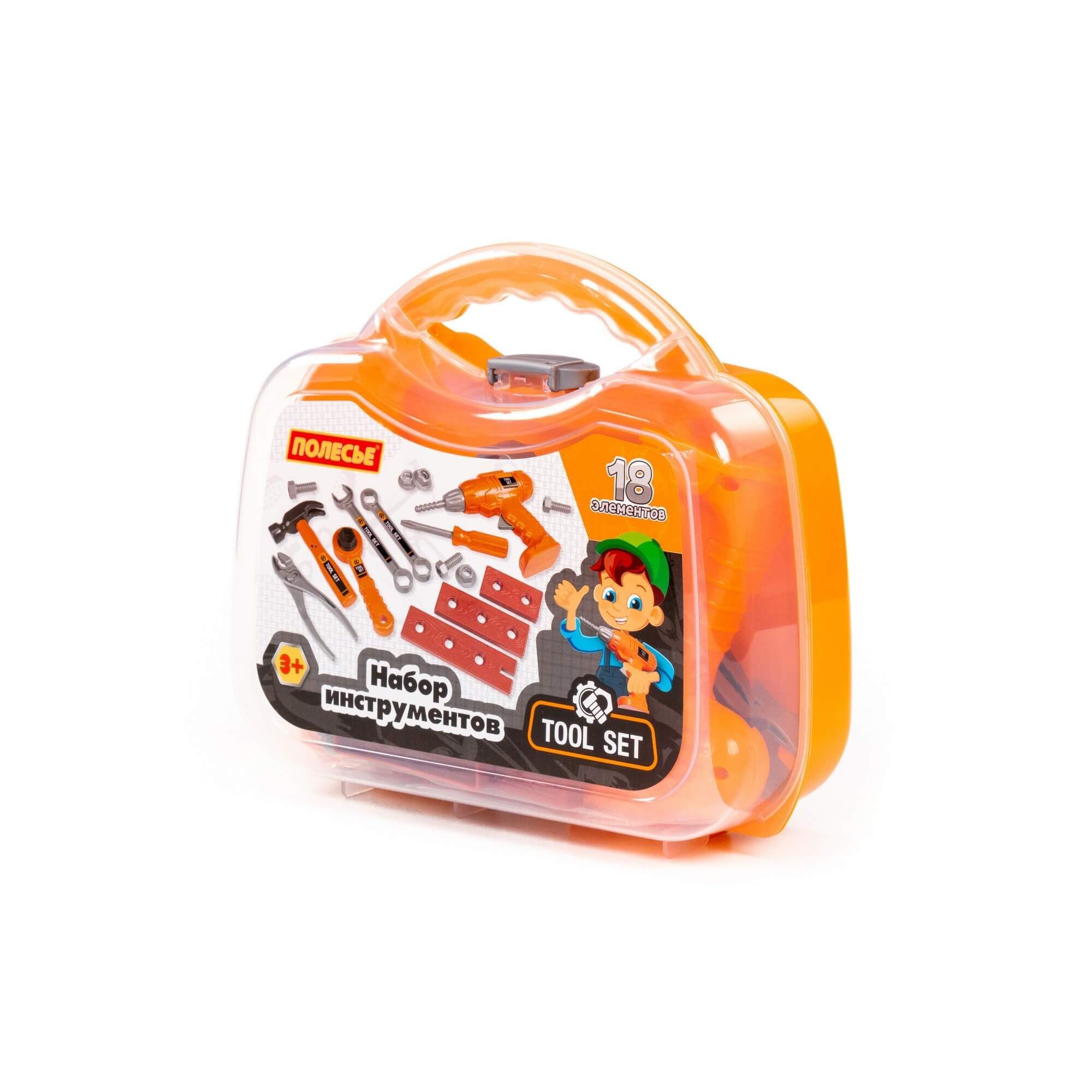 Набор игрушечных инструментов Полесье 15 эл. с дрелью с механическим вращением сверла в малом чемодане юного мастера