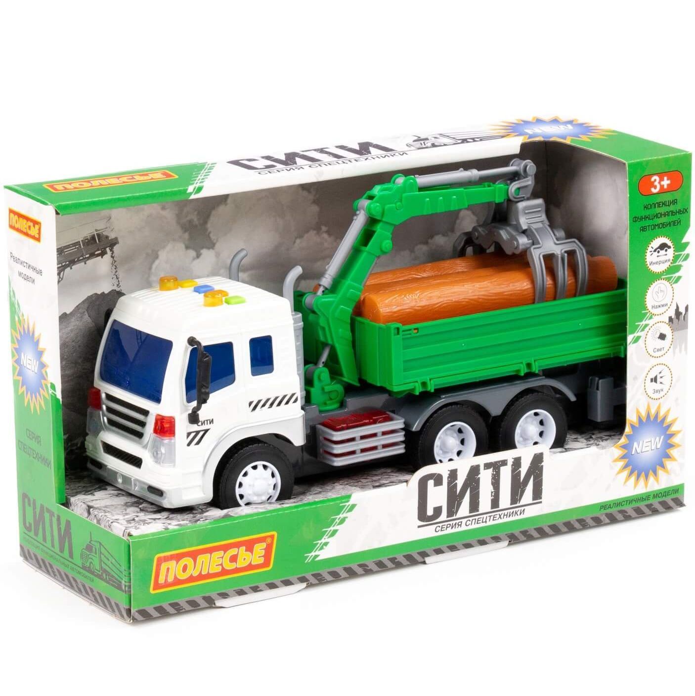 Машинка бортовой грузовик лесовоз с 7-ю бревнами, с краном-манипулятором Сити 27,5 см инерция, свет-звук - зеленый