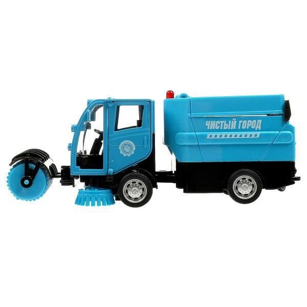 Игрушечная мусороуборочная коммунальная машинка со щетками инерция, метр. кабина, откр. дверей и кузова, без звука - 15 см голубая