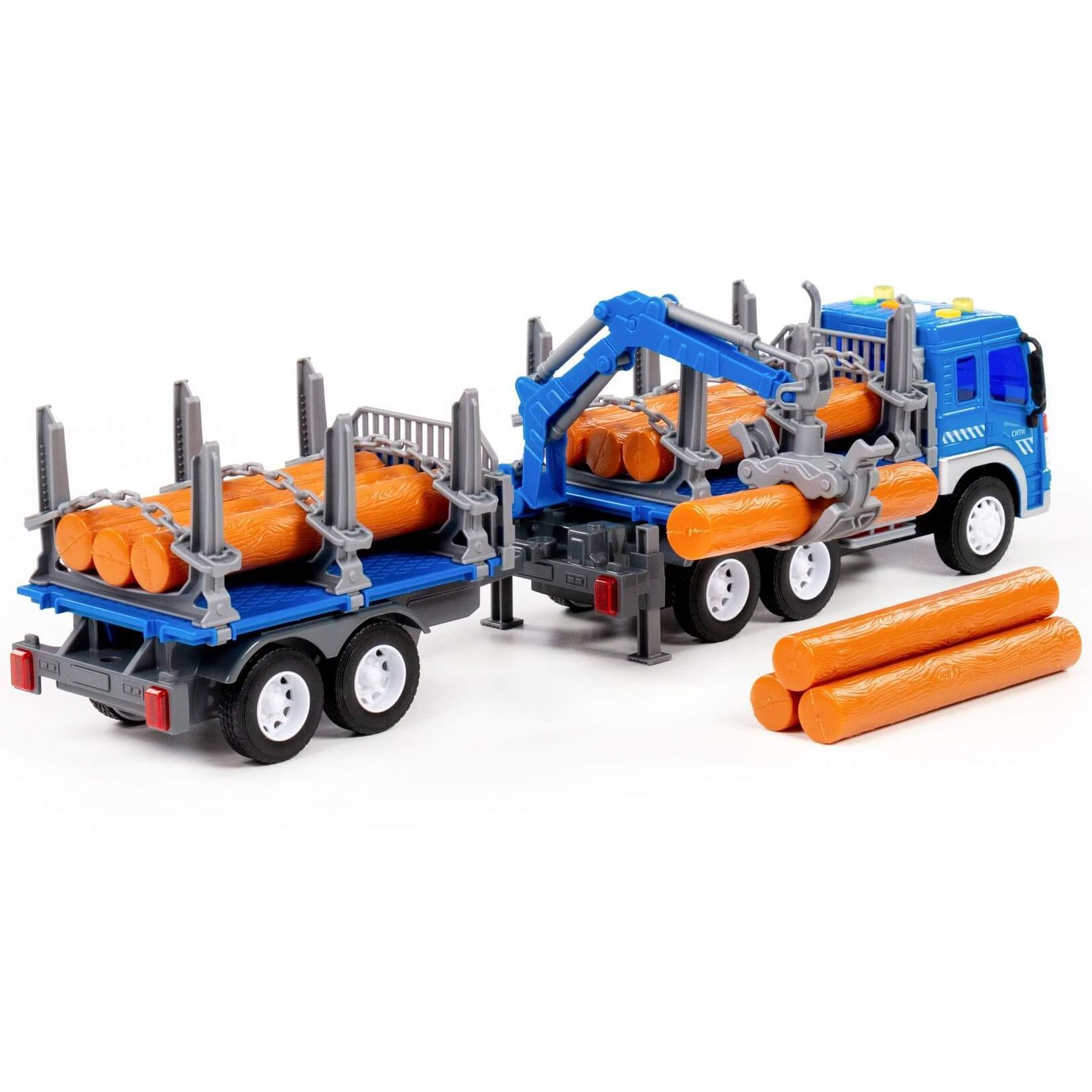 Лесовоз машина Сити с прицепом - 49 см инерция, свет, звук, 10 бревен с краном-манипулятором синий