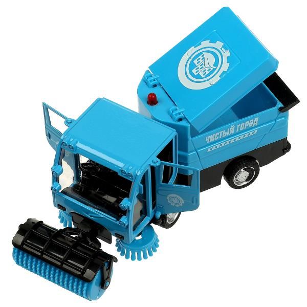 Игрушечная мусороуборочная коммунальная машинка со щетками инерция, метр. кабина, откр. дверей и кузова, без звука - 15 см голубая