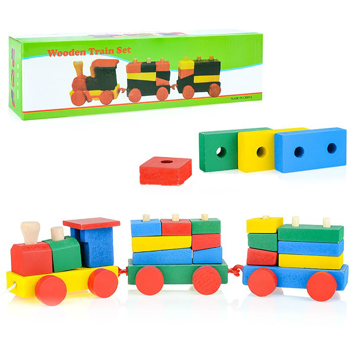 Деревянный паровозик с вагончиками с геометрическими фигурами - Родные игрушки