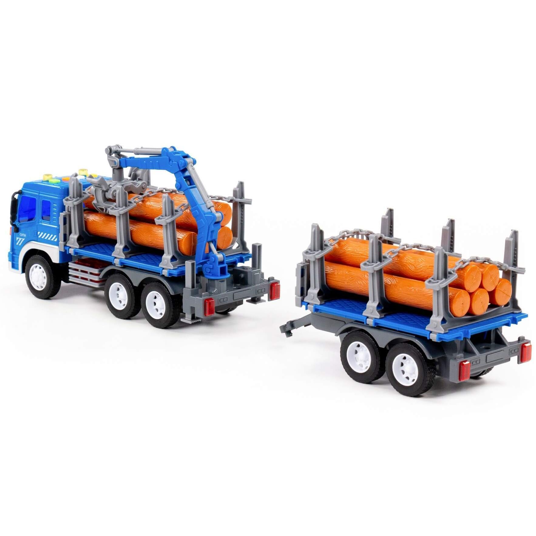 Лесовоз машина Сити с прицепом - 49 см инерция, свет, звук, 10 бревен с краном-манипулятором синий
