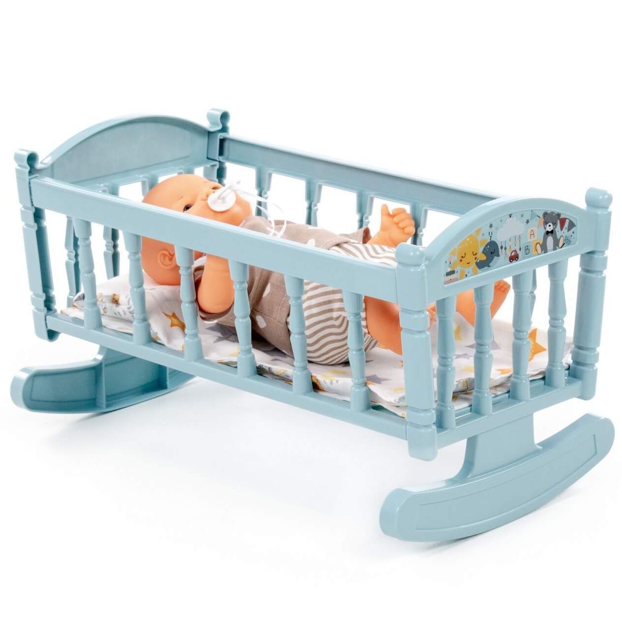 Кроватка-качалка с куклой ростом 28 см с подушкой, одеялкой и матрасиком сизая