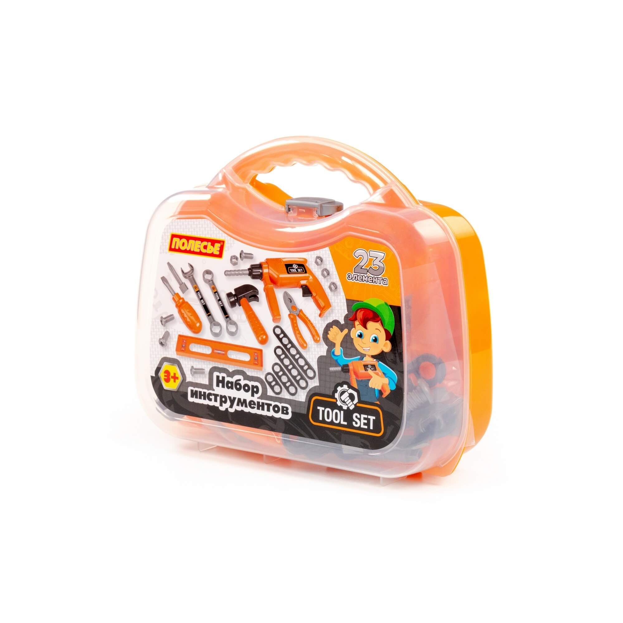 Набор инструментов для мальчика - игрушка Полесье 20 эл. с дрелью-перфоратором с механическим вращением сверла в чемодане юного мастера