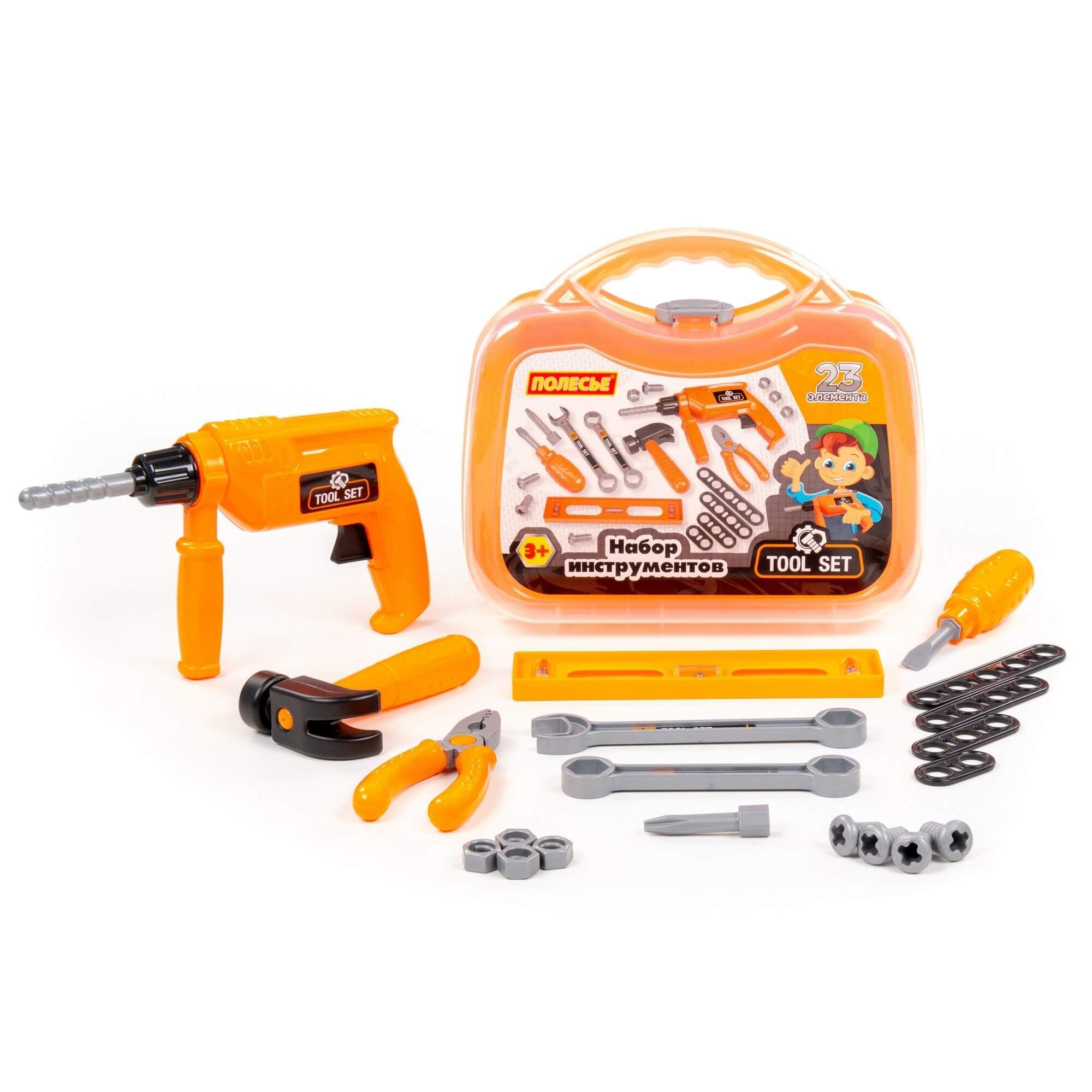 Набор инструментов для мальчика - игрушка Полесье 20 эл. с дрелью-перфоратором с механическим вращением сверла в чемодане юного мастера