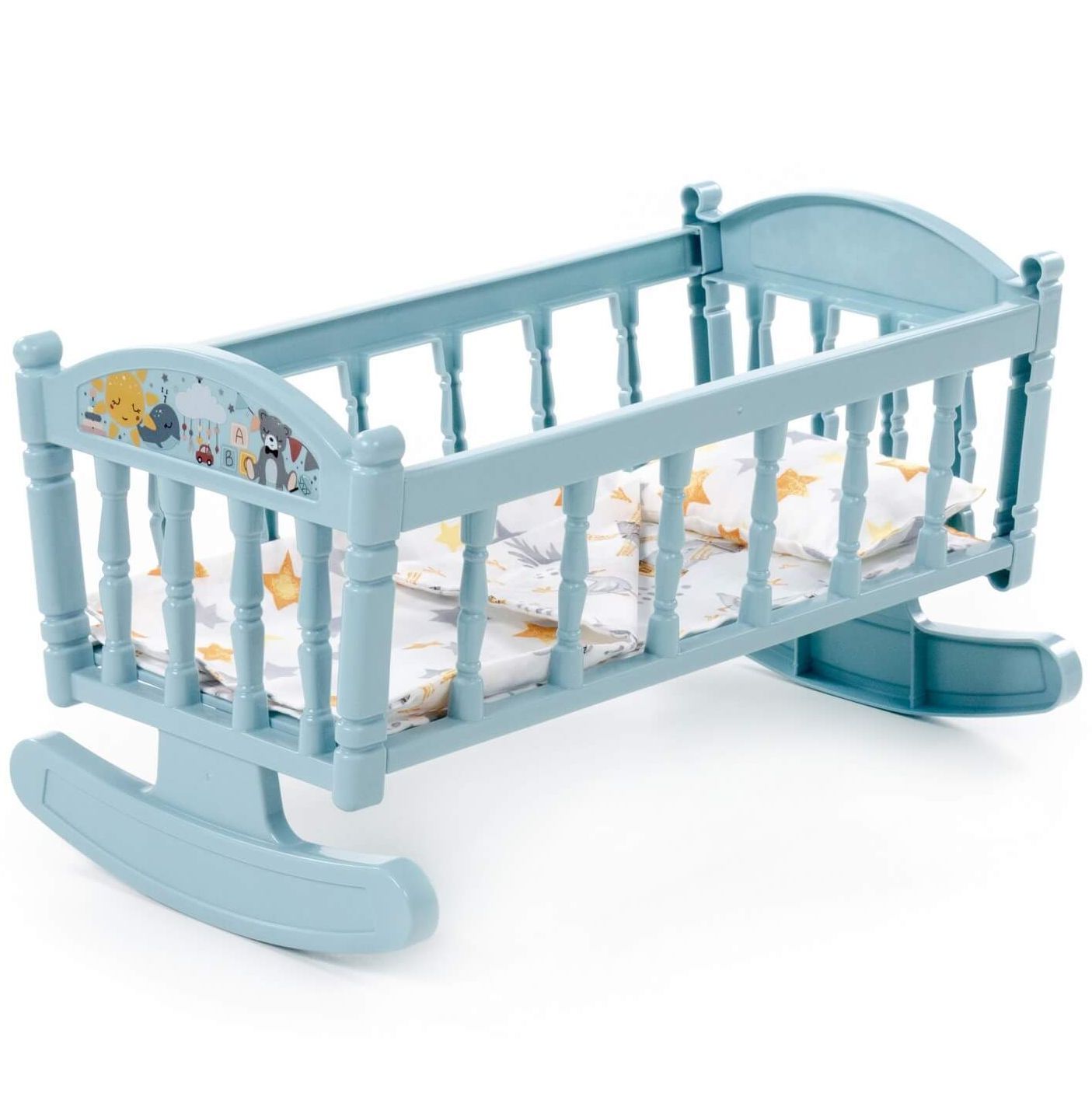 Кроватка-качалка для кукол ростом 34 см с подушкой, одеялкой и матрасиком (серо-голубая)