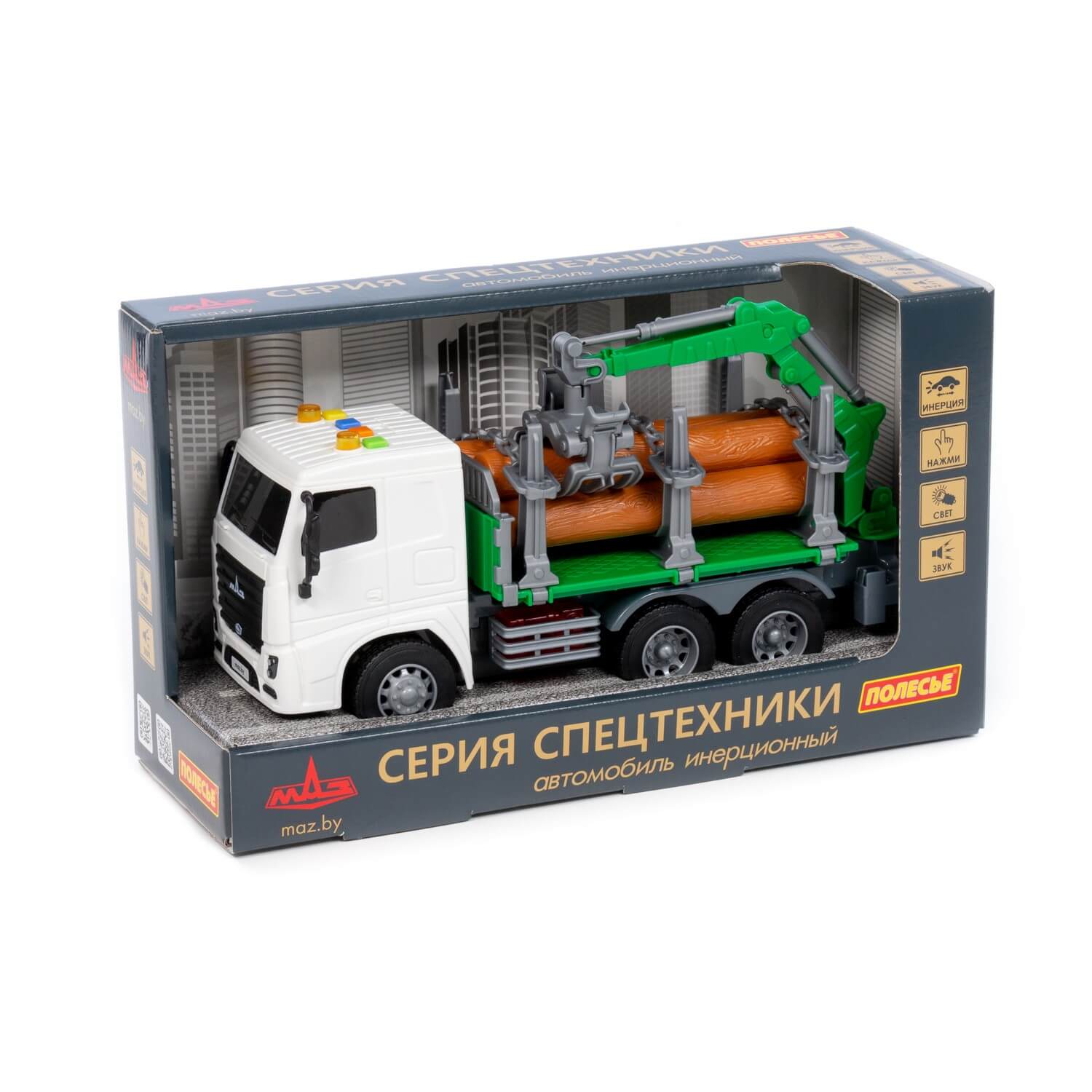 МАЗ машина-лесовоз инерционный (со светом и звуком) (зелёный) (в коробке)