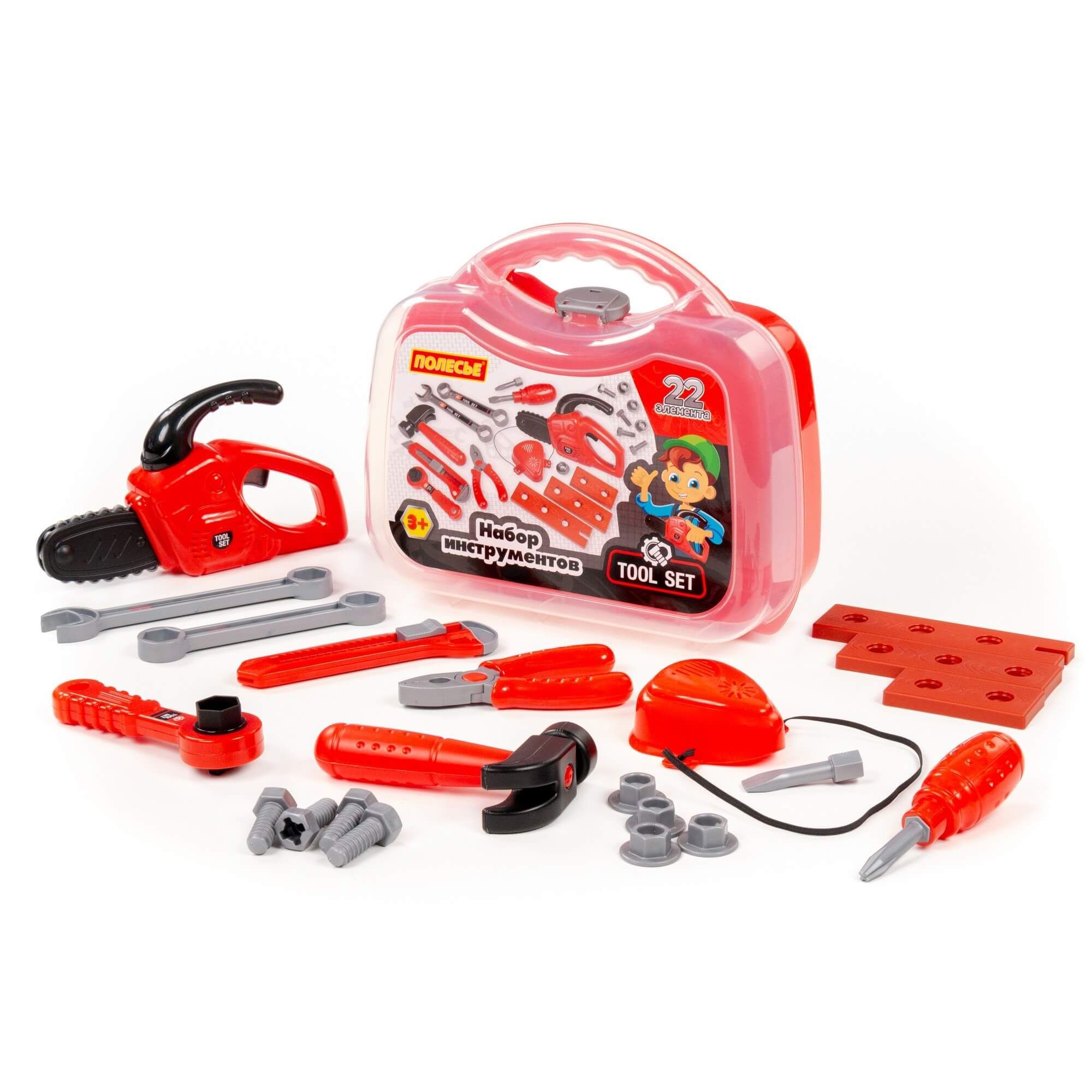 Набор детских инструментов в чемодане юного мастера Полесье 21 эл. с бензопилой с механическим вращением цепи
