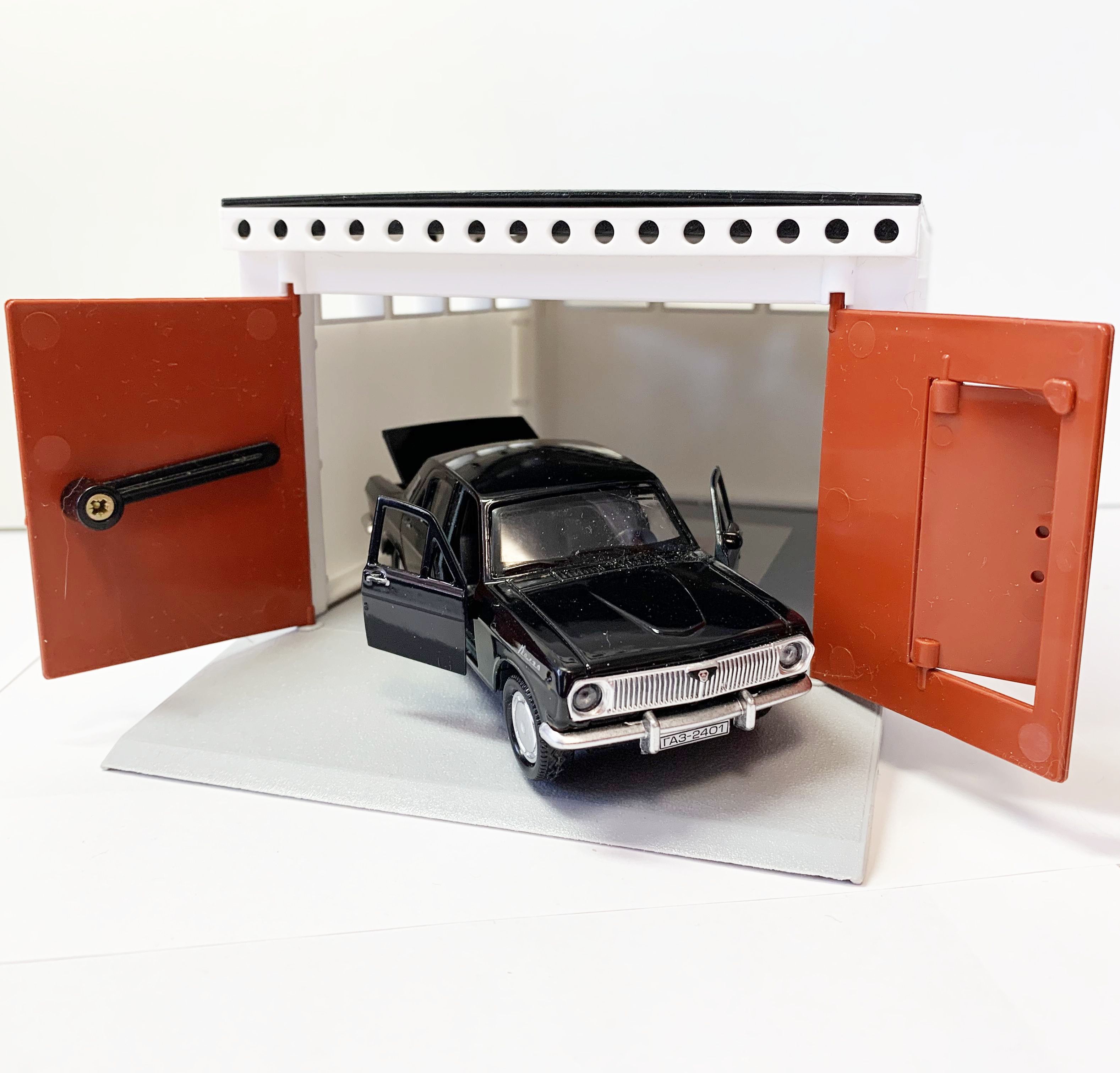 Гараж и черная Волга ГАЗ 2401 седан, метал., инерц., откр. дверей - ретро гараж с распашными воротами