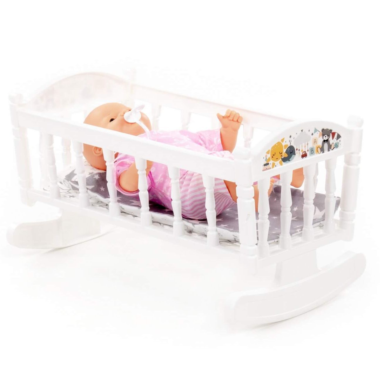 Кроватка-качалка с куклой ростом 28 см с подушкой, одеялкой и матрасиком белая
