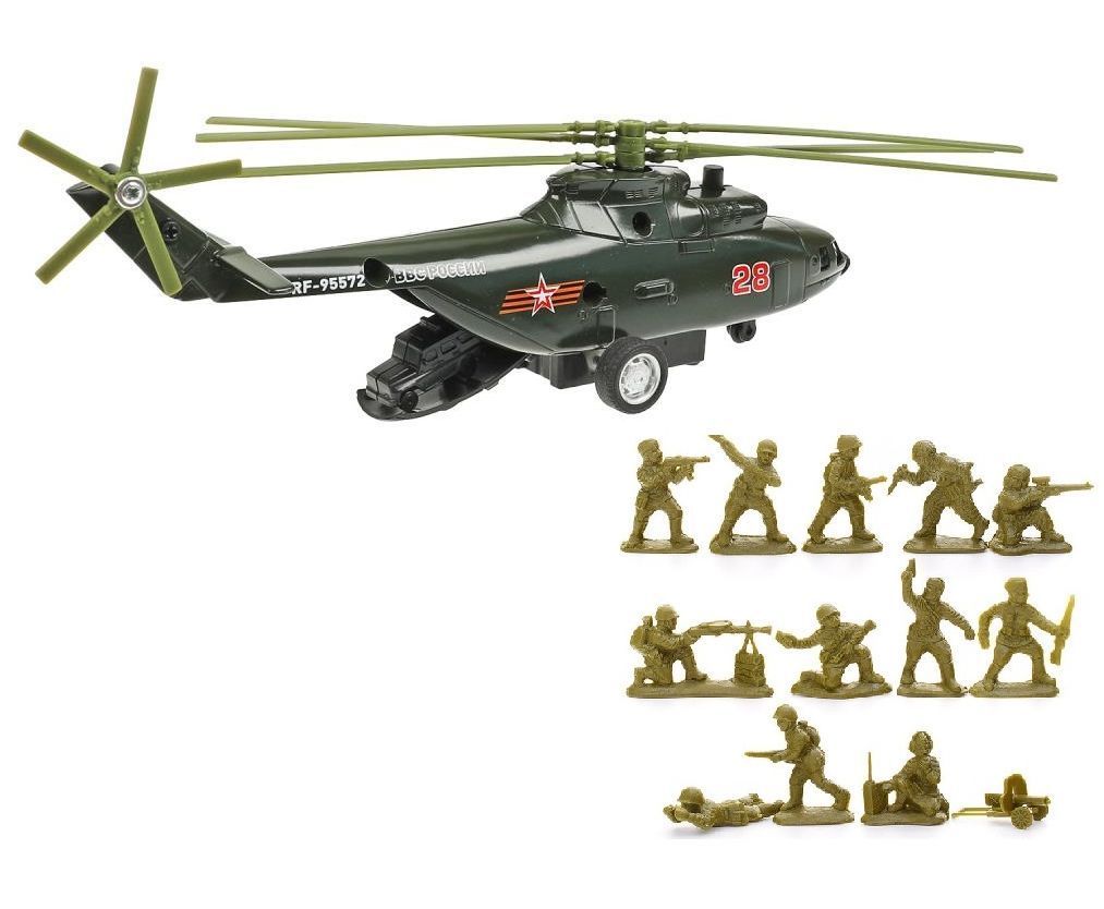 Игрушка военный вертолет с отсеком с военной машинкой и 12 солдатиков с пулеметом