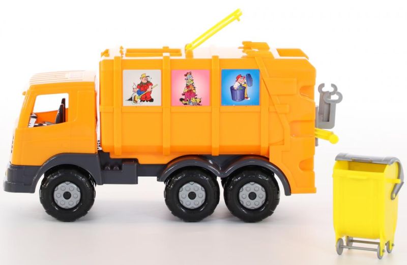 Есть подвижные и открывающиеся части: контейнер для мусора и люк. У мусоровоза поднимается задняя часть, внутрь сгружается мусор из бака, а через верхний люк можно контролировать наполнение контейнера. kommunalnyj-avtomobil-prestizh-03.jpg